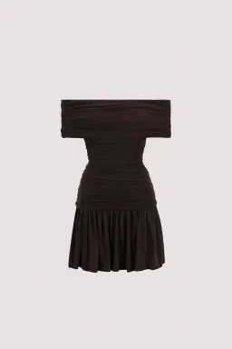 Dishh, burnt choc off shoulder mini dress for rent on The Volte - image 2