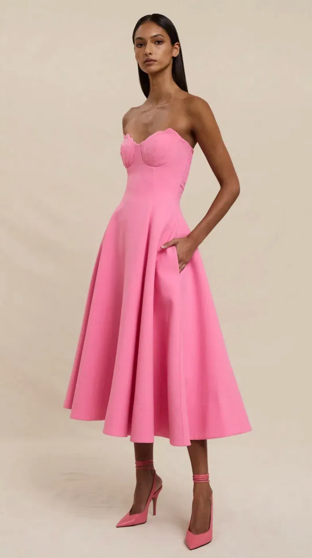 By Johnny Venus Shell Strapless Midi Dress Pink Size 10 for rent on The Volte - main image