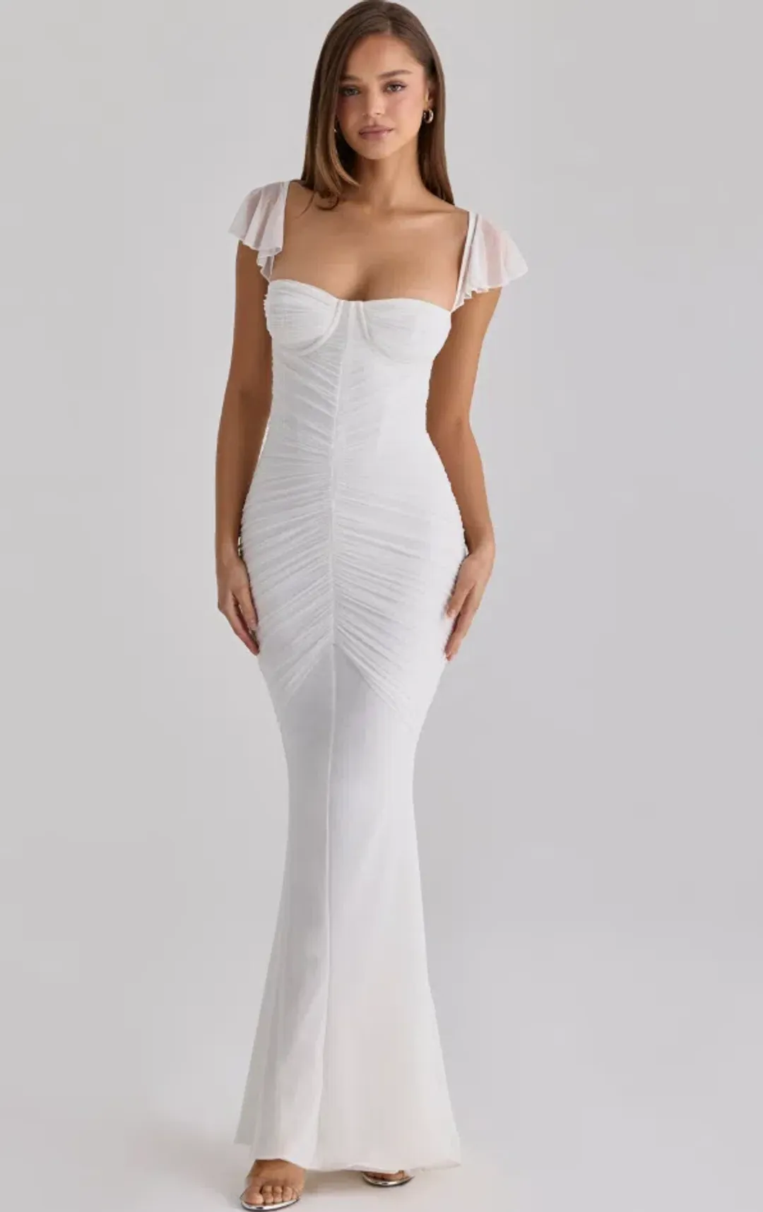 House of CB Antonella white gathered mesh maxi dress Regular Cup Size S for rent on The Volte - main image