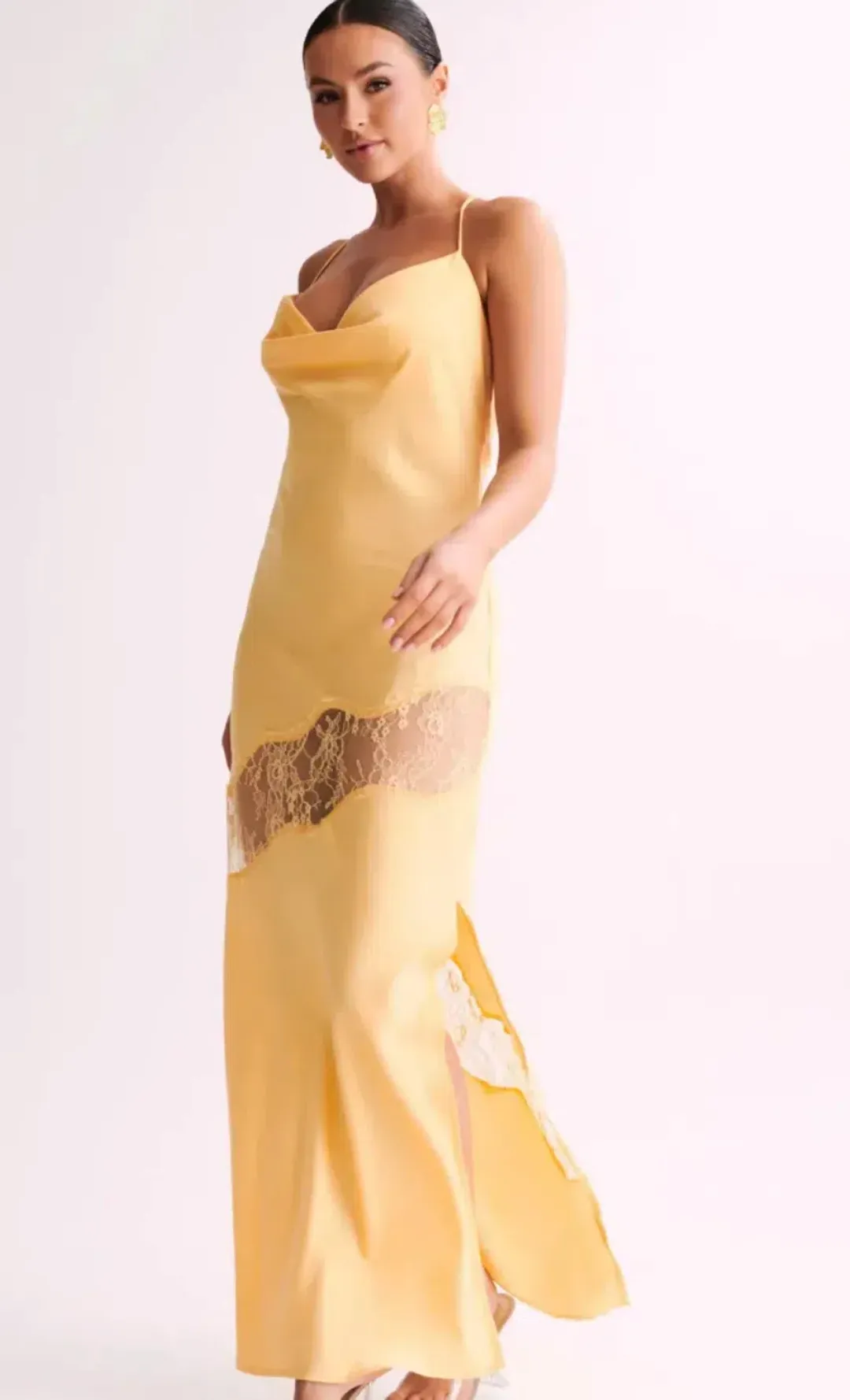 Meshki Chandra Lace Detail Satin Maxi - Lemon for rent on The Volte - main image