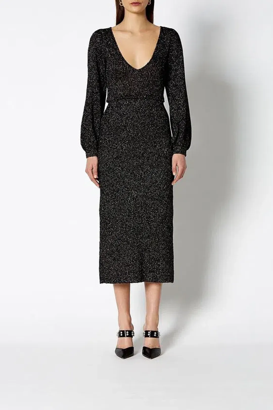 Scanlan Theodore Calypso Tinsel V Neck Gown Black Size 8 for rent on The Volte - main image