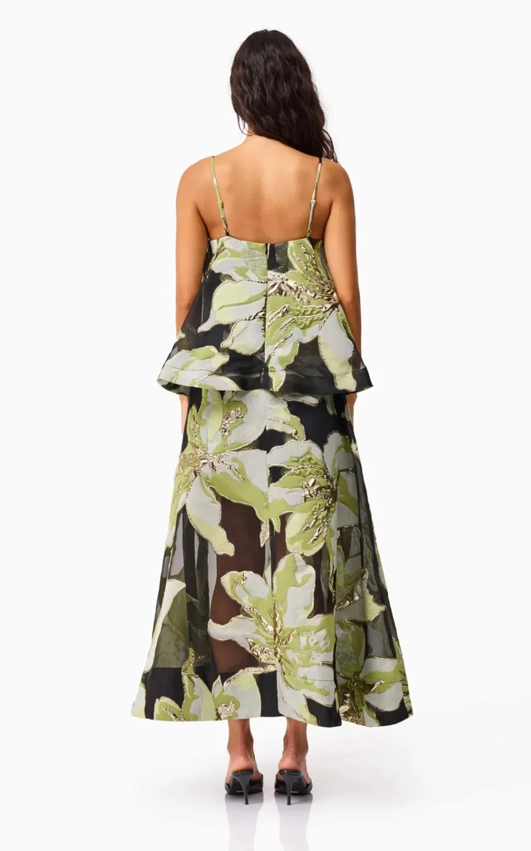 Elliatt Elysia Tiered Gown in Black & Green Floral Size M for rent on The Volte - main image