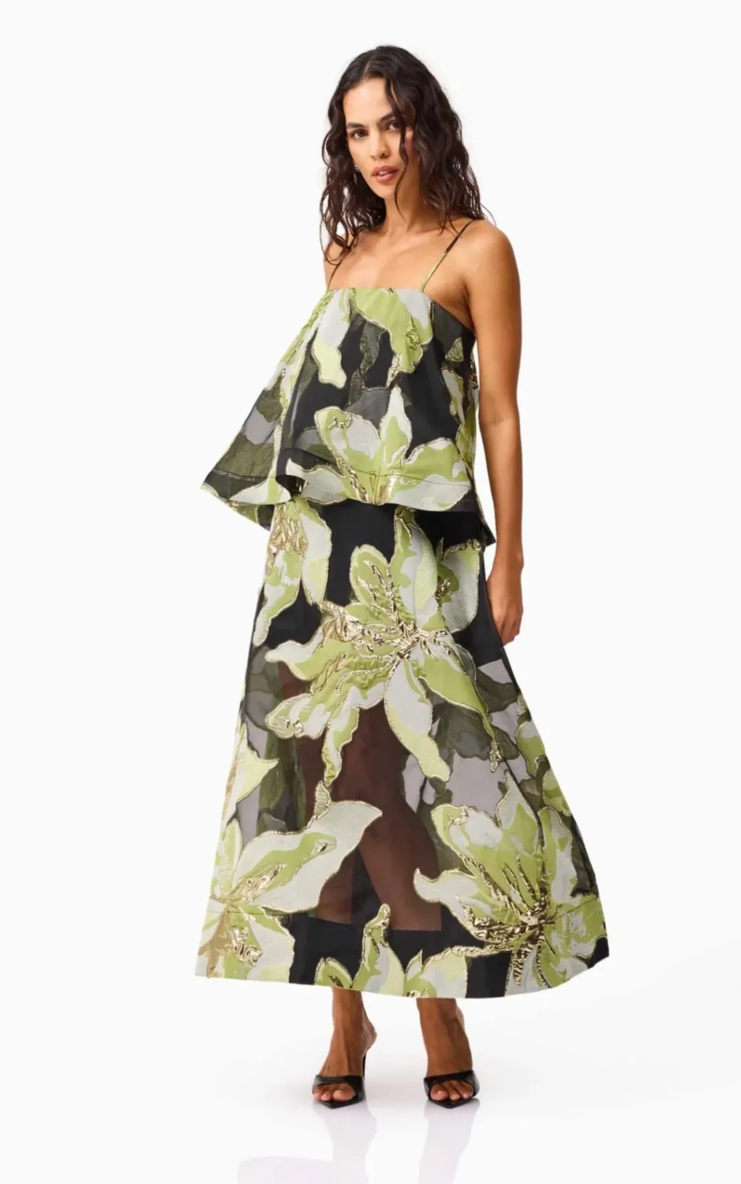 Elliatt Elysia Tiered Gown in Black & Green Floral Size M for rent on The Volte - main image