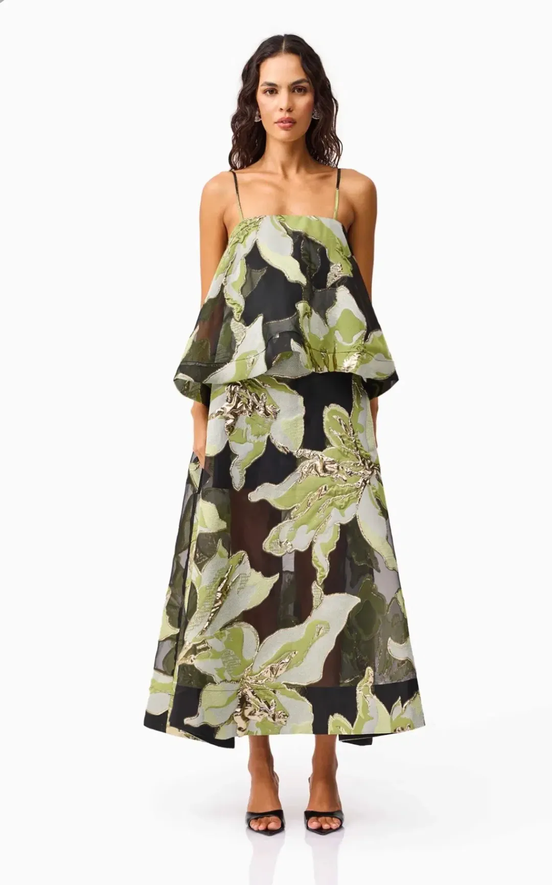 Elliatt Elysia Tiered Gown in Black & Green Floral Size M for rent on The Volte - main image