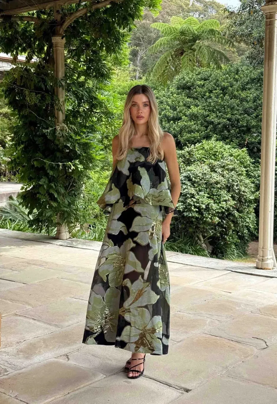 Elliatt Elysia Tiered Gown size 8 Green Black  for rent on The Volte - main image