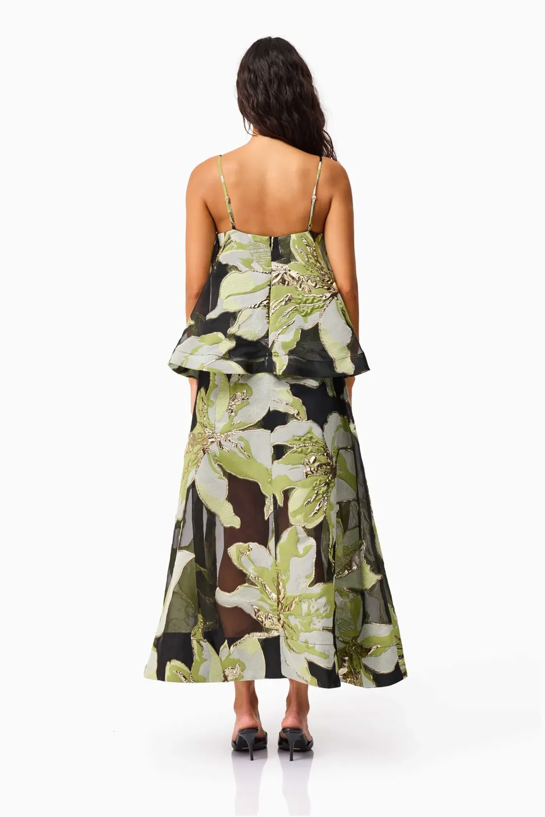 Elliatt Elysia Tiered Gown size 8 Green Black  for rent on The Volte - main image