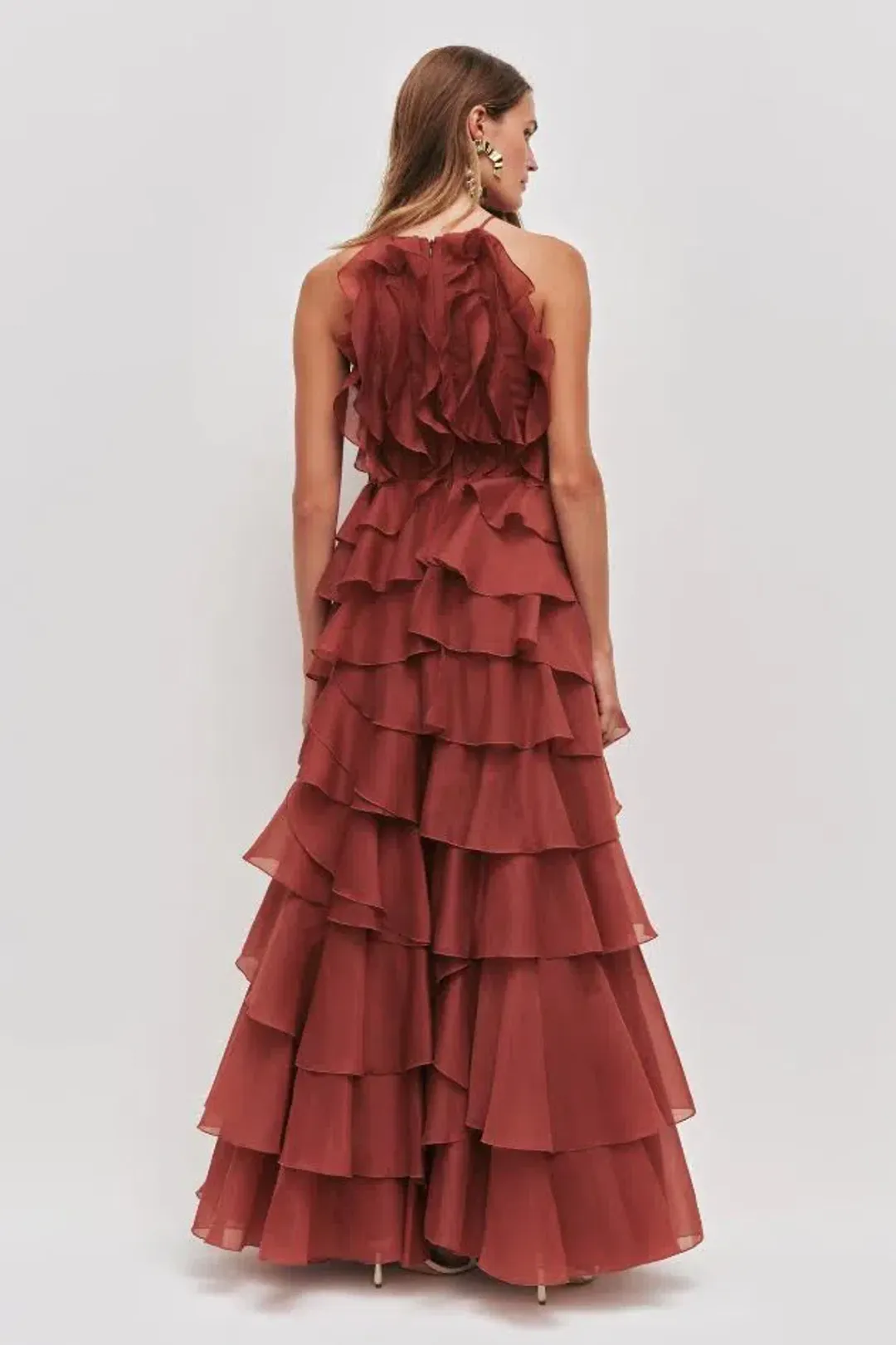 🤎 Aje Cleo Gown in Rust Brown - Size 12 - Ruffle Tiered Maxi Dress 🤎 for rent on The Volte - main image