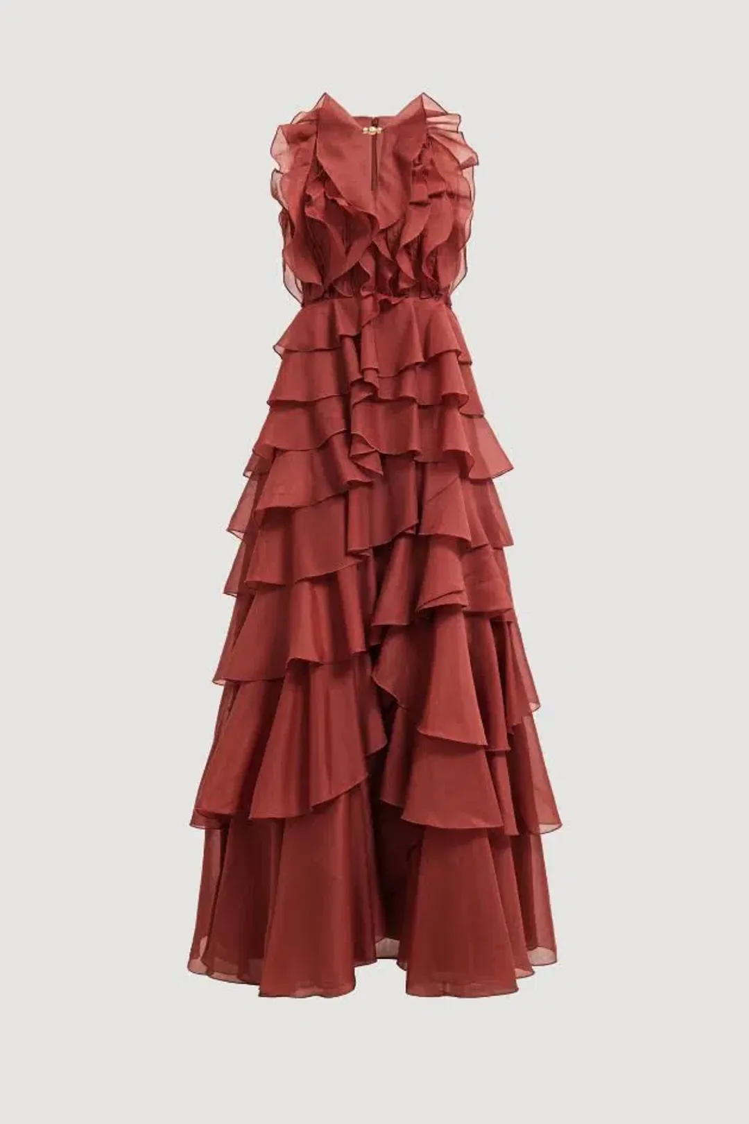 🤎 Aje Cleo Gown in Rust Brown - Size 12 - Ruffle Tiered Maxi Dress 🤎 for rent on The Volte - main image