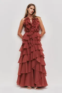 🤎 Aje Cleo Gown in Rust Brown - Size 12 - Ruffle Tiered Maxi Dress 🤎 for rent on The Volte - image 1