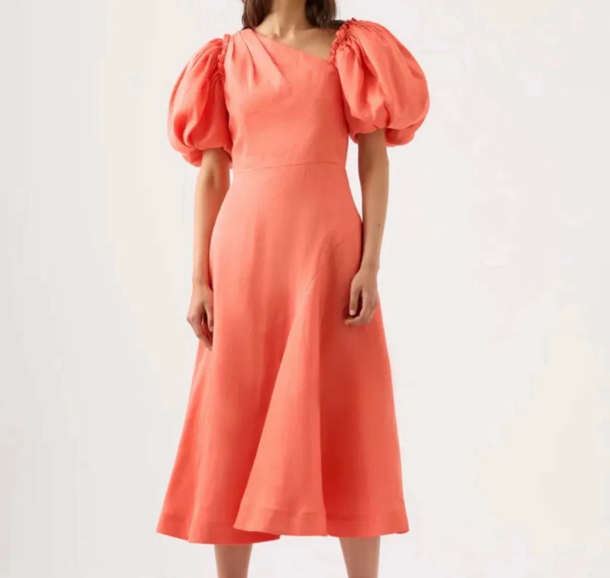 Aje Maia Linen Dress Off the Shoulder Midi Coral Orange for rent on The Volte - main image