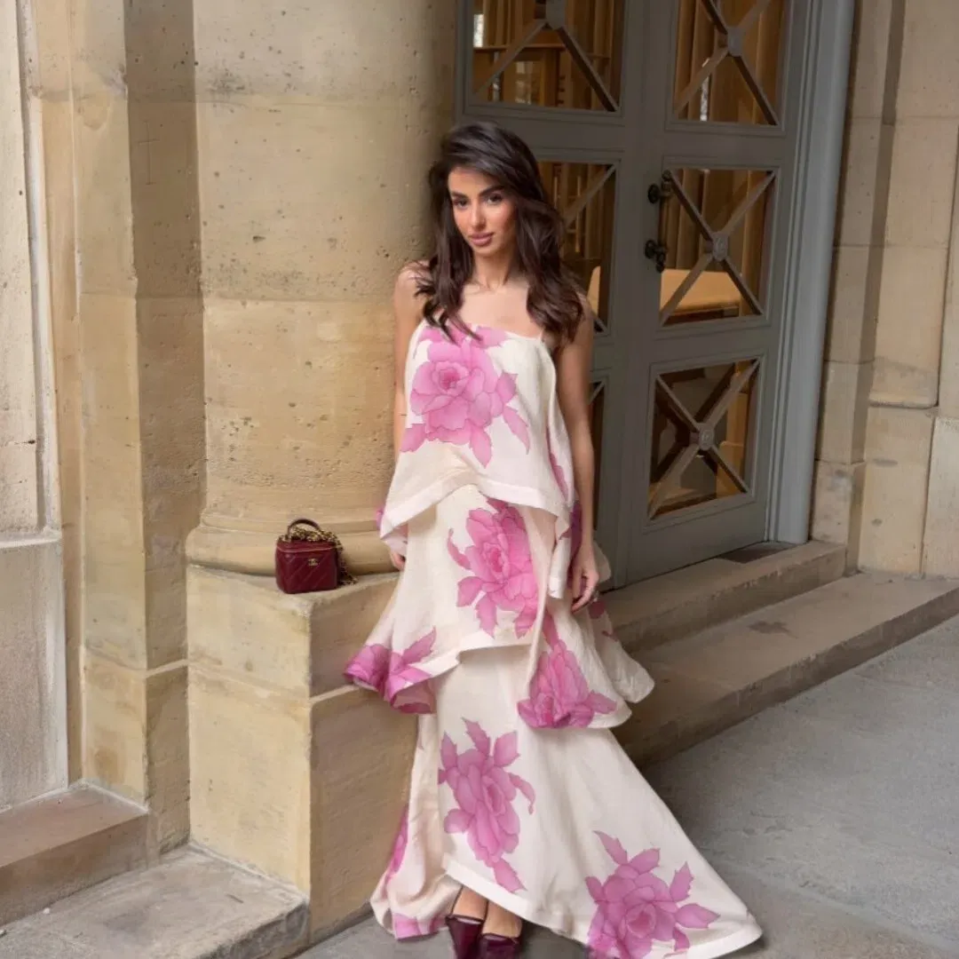 Elliatt Rova Tiered Gown in Cream & Pink Floral Size Large for rent on The Volte - main image