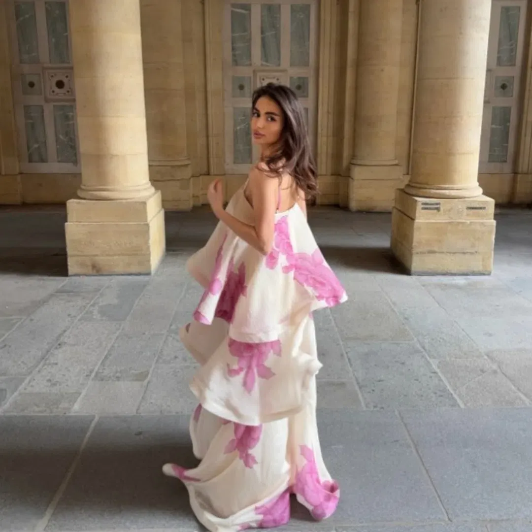 Elliatt Rova Tiered Gown in Cream & Pink Floral Size Large for rent on The Volte - main image