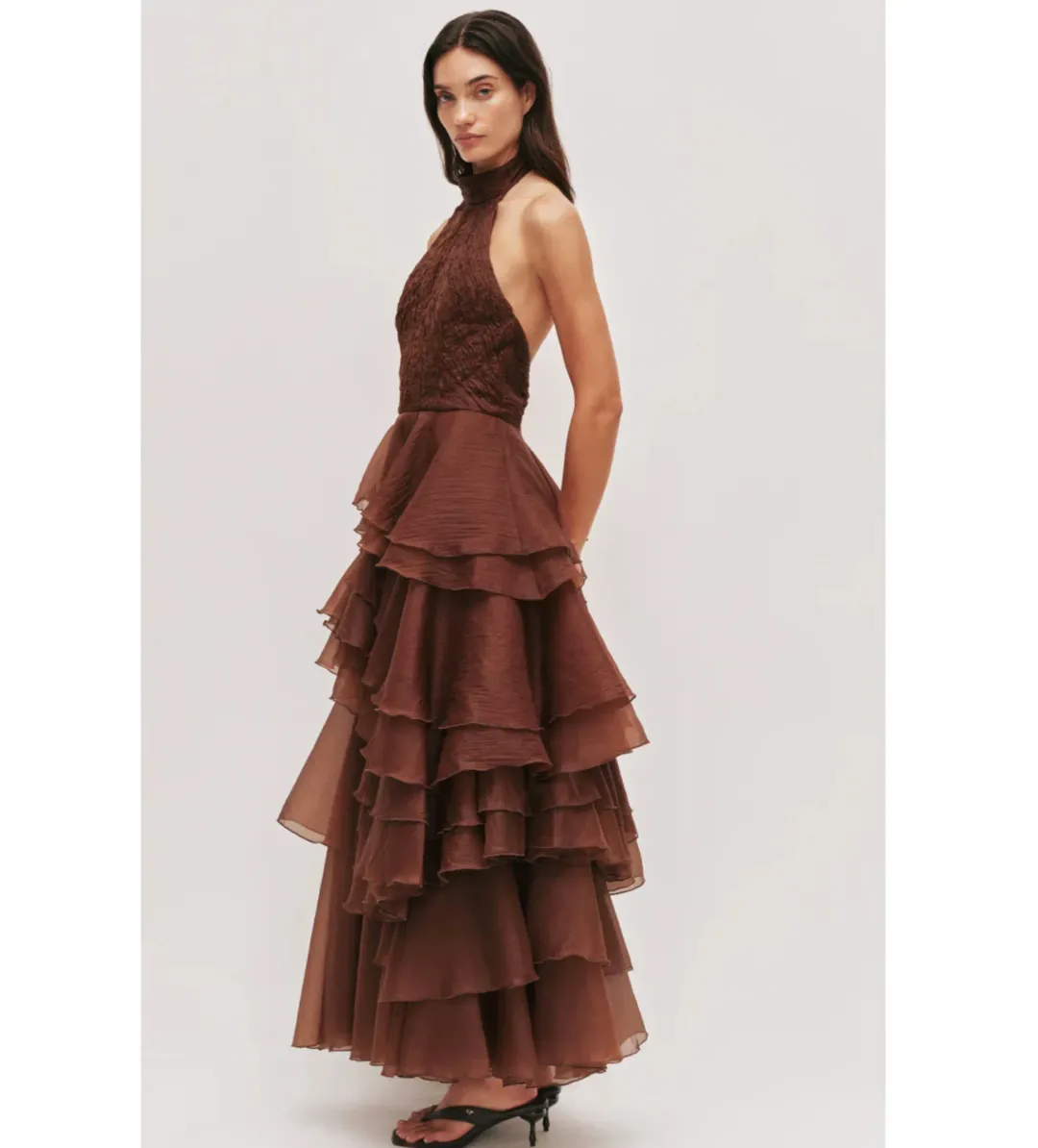 Aje Fayette Gown Chocolate Brown Size 8 for rent on The Volte - main image