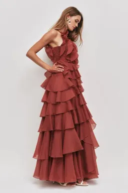 🤎 Aje Cleo Gown in Rust Brown - Size 8 - Ruffle Tiered Maxi Dress 🤎 for rent on The Volte - image 1
