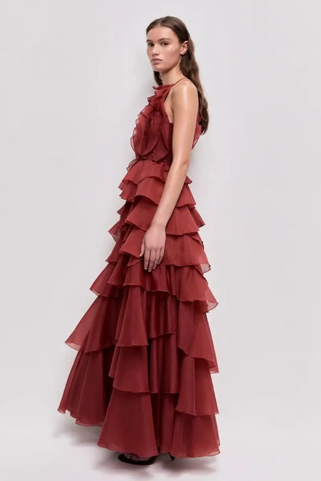 🤎 Aje Cleo Gown in Rust Brown - Size 8 - Ruffle Tiered Maxi Dress 🤎 for rent on The Volte - main image