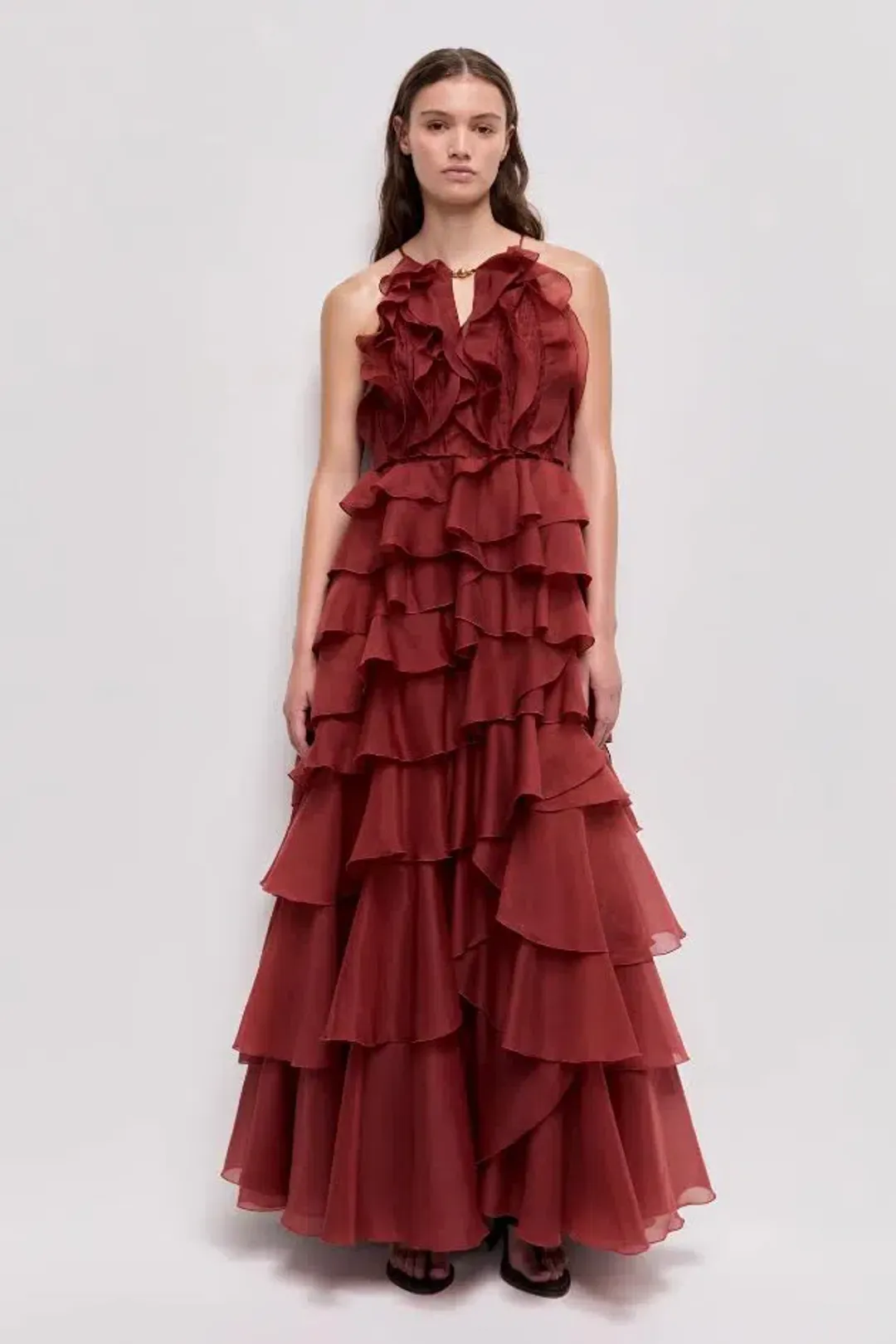 🤎 Aje Cleo Gown in Rust Brown - Size 8 - Ruffle Tiered Maxi Dress 🤎 for rent on The Volte - main image