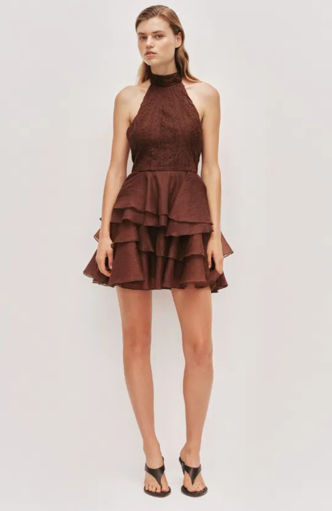 AJE Fayette Mini Dress Dark Chocolate Size 6 for rent on The Volte - main image