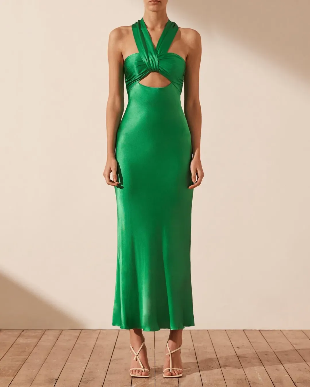 SHONA JOY LANA RUCHED HALTER MIDI DRESS TREE GREEN SIZE AU 6 for rent on The Volte - main image