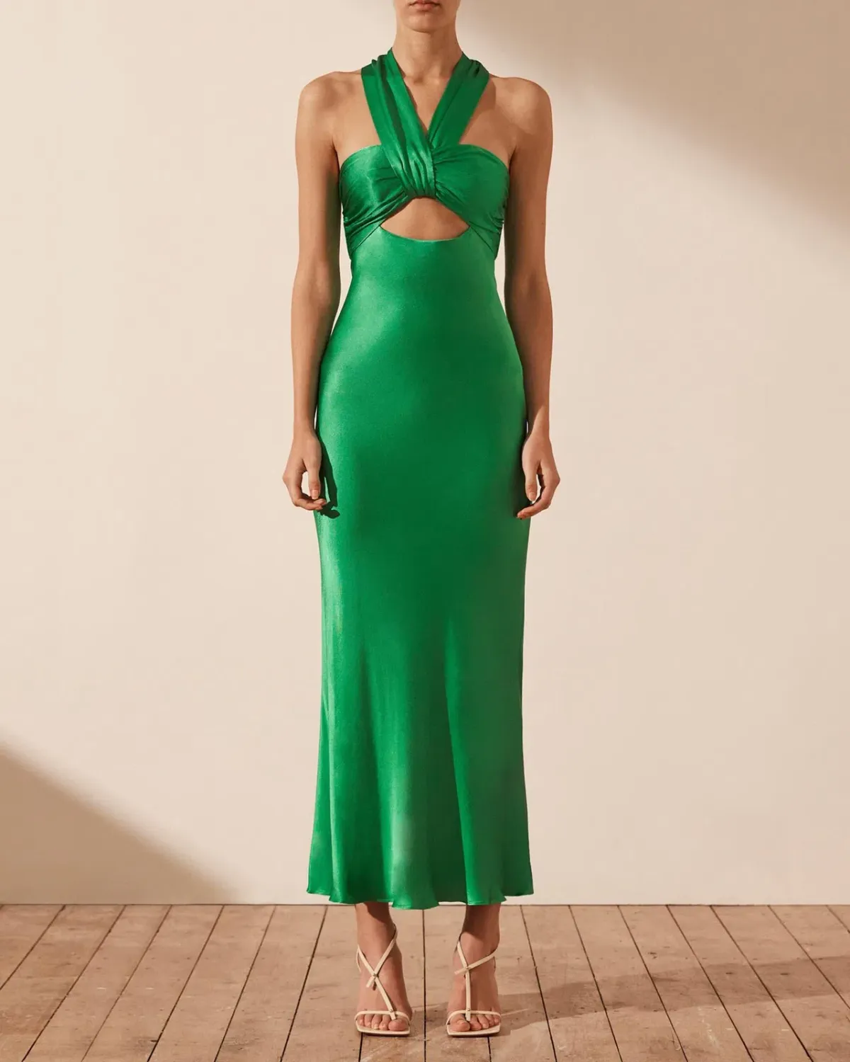 SHONA JOY LANA RUCHED HALTER MIDI DRESS TREE GREEN SIZE AU 6 for rent on The Volte - main image