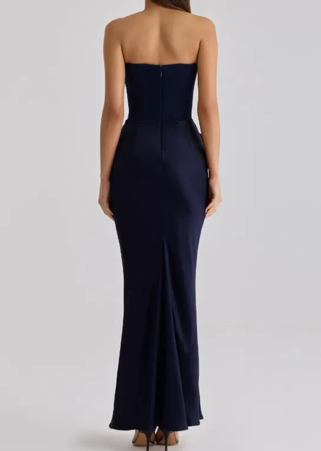 House of CB House of CB Persephone navy satin + crepe strapless corset maxi dress Regular Cup Size L for rent on The Volte - main image