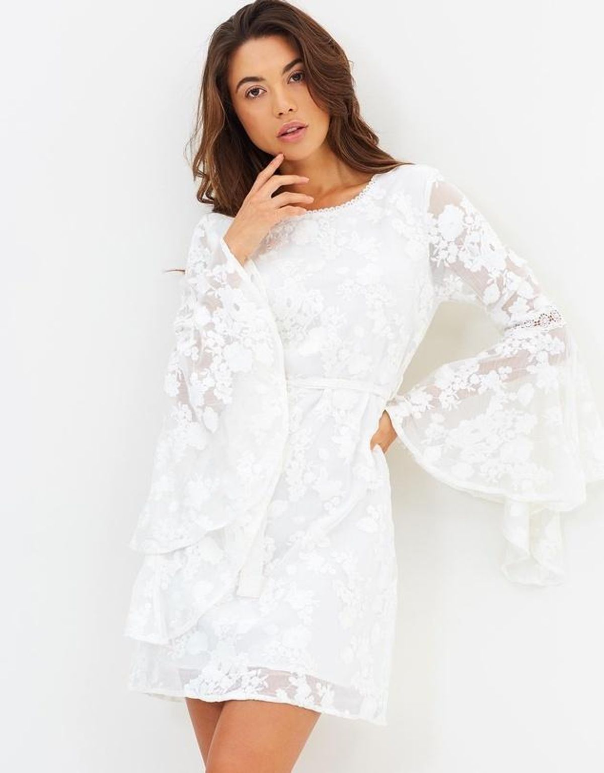 Ministry of Style Lace Bell Sleeve Mini Dress White Size 10 for rent on The Volte - main image