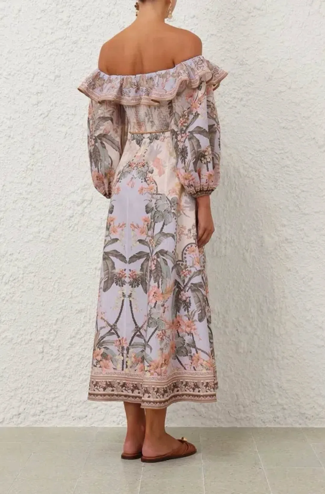 Zimmermann Wylie Off Shoulder Midi Dress Blue Floral Size 1-10AU  for rent on The Volte - main image