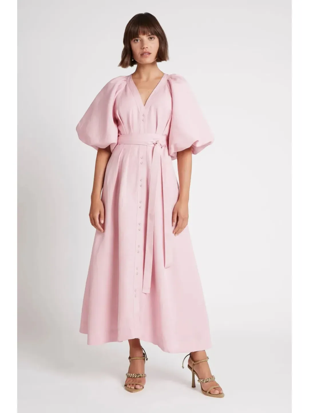 Aje Evermore Midi Dress Size AU 14 Rose Pink Puff Sleeve Gown for rent on The Volte - main image