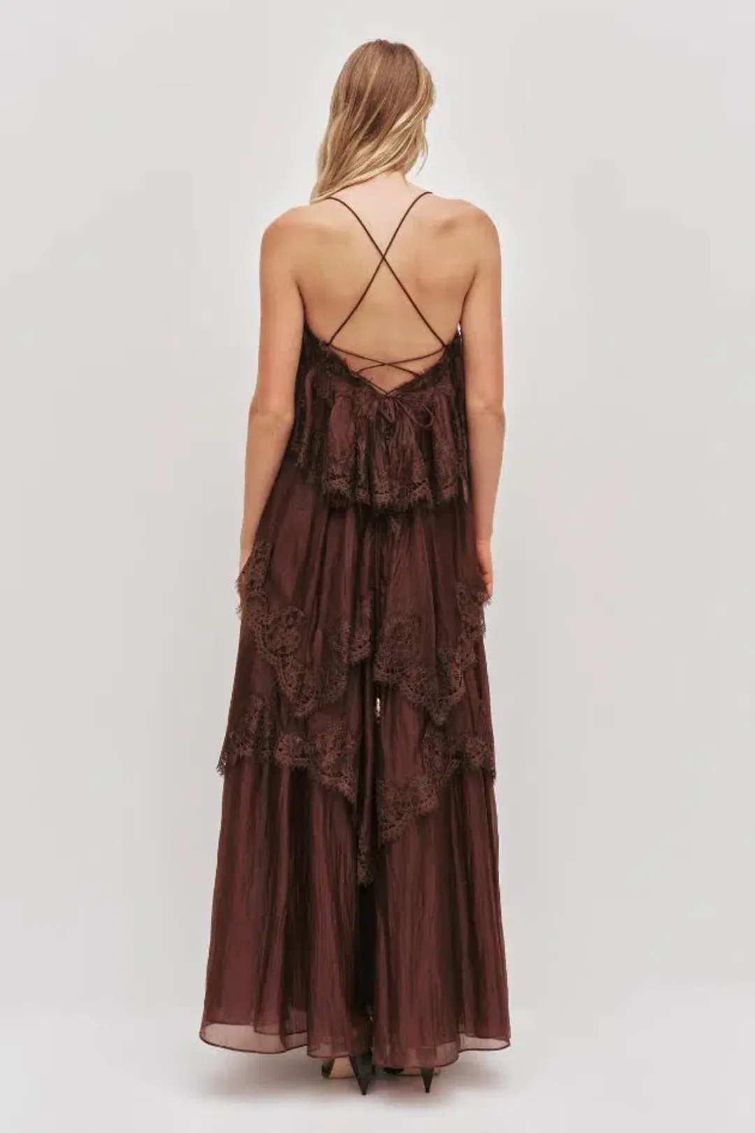 🤎 Aje Ophelia Lace Gown in Chocolate Brown - Size 8 AU - Tiered Layered Maxi Dress 🤎 for rent on The Volte - main image
