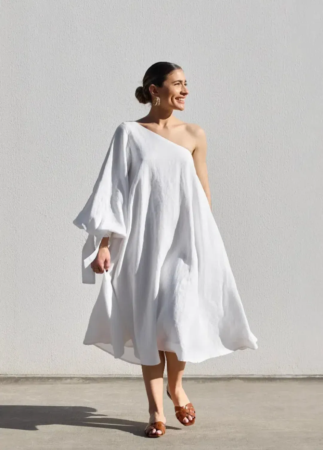 Isabella Longginou - White Balloon Sleeve Swing Dress - Size 14 / US 10 for rent on The Volte - main image