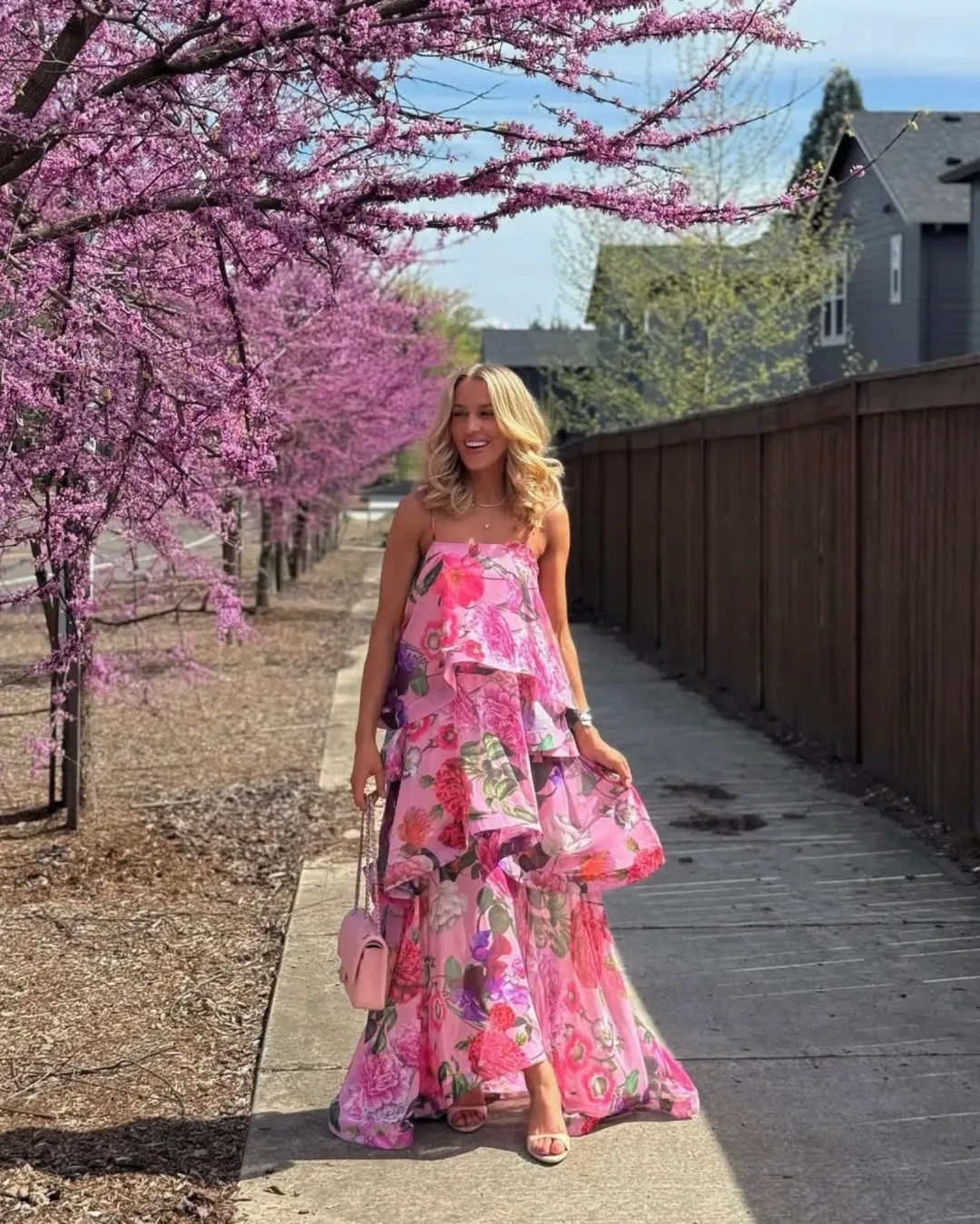 Elliatt Armani Tiered Maxi Dress Pink Floral Size L for rent on The Volte - main image