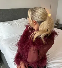 Bubish Luxe Gigi Feather Blouse in Cherry size 8  for rent on The Volte - image 2