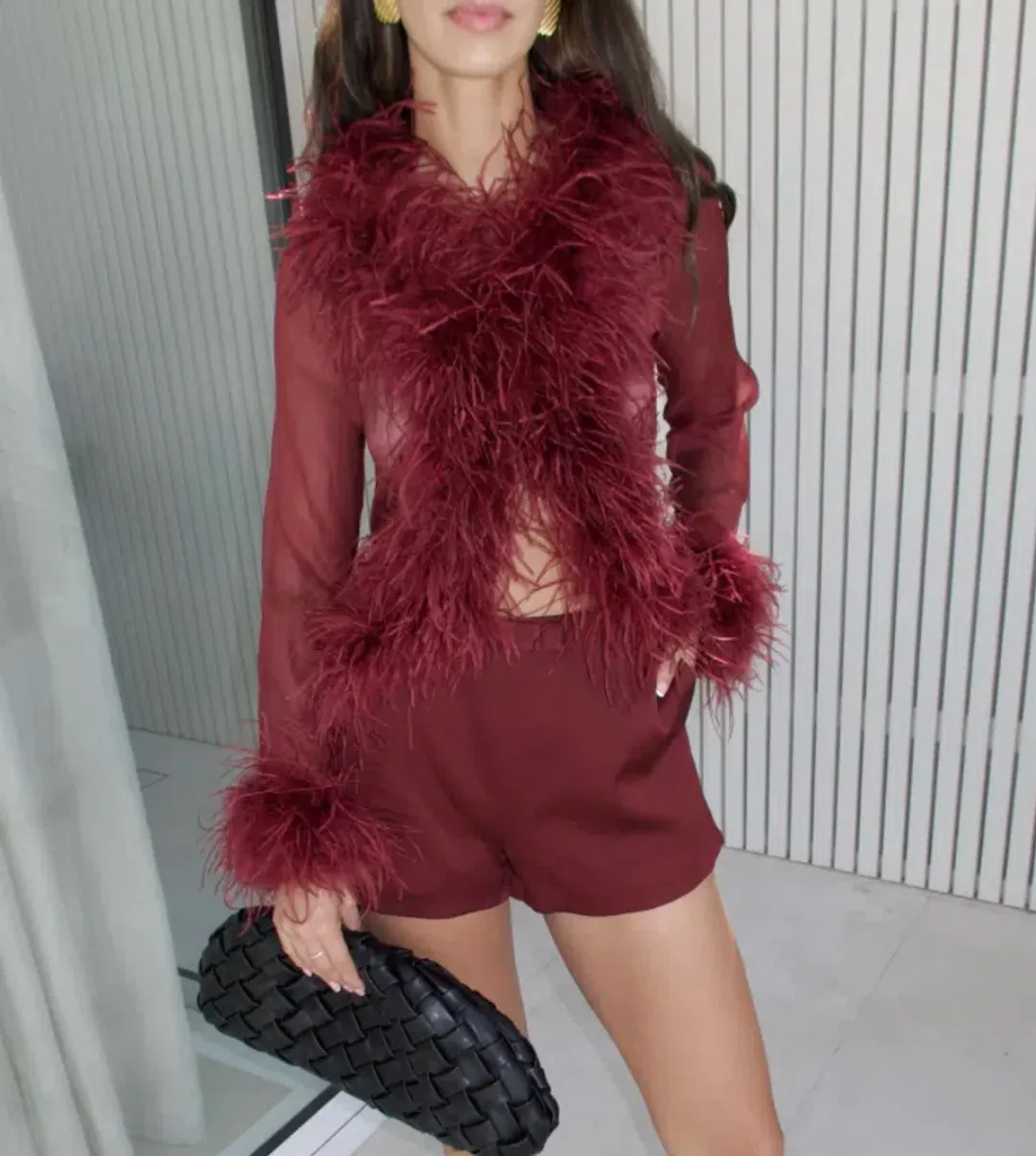 Bubish Luxe Gigi Feather Blouse in Cherry size 8  for rent on The Volte - main image