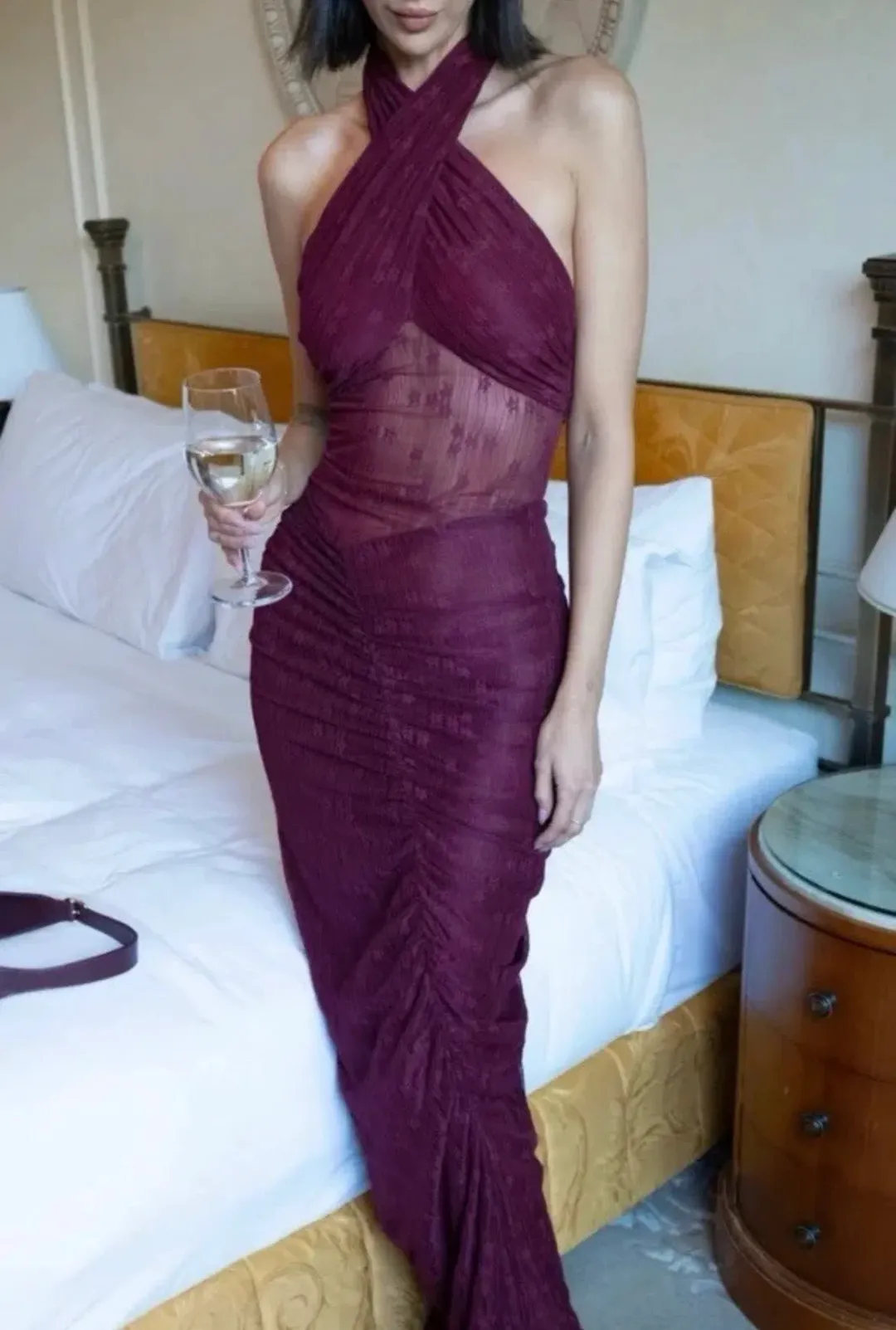 BENNI Hudson Lace Maxi Dress In Burgundy Sangria | Size AU 16 for rent on The Volte - main image