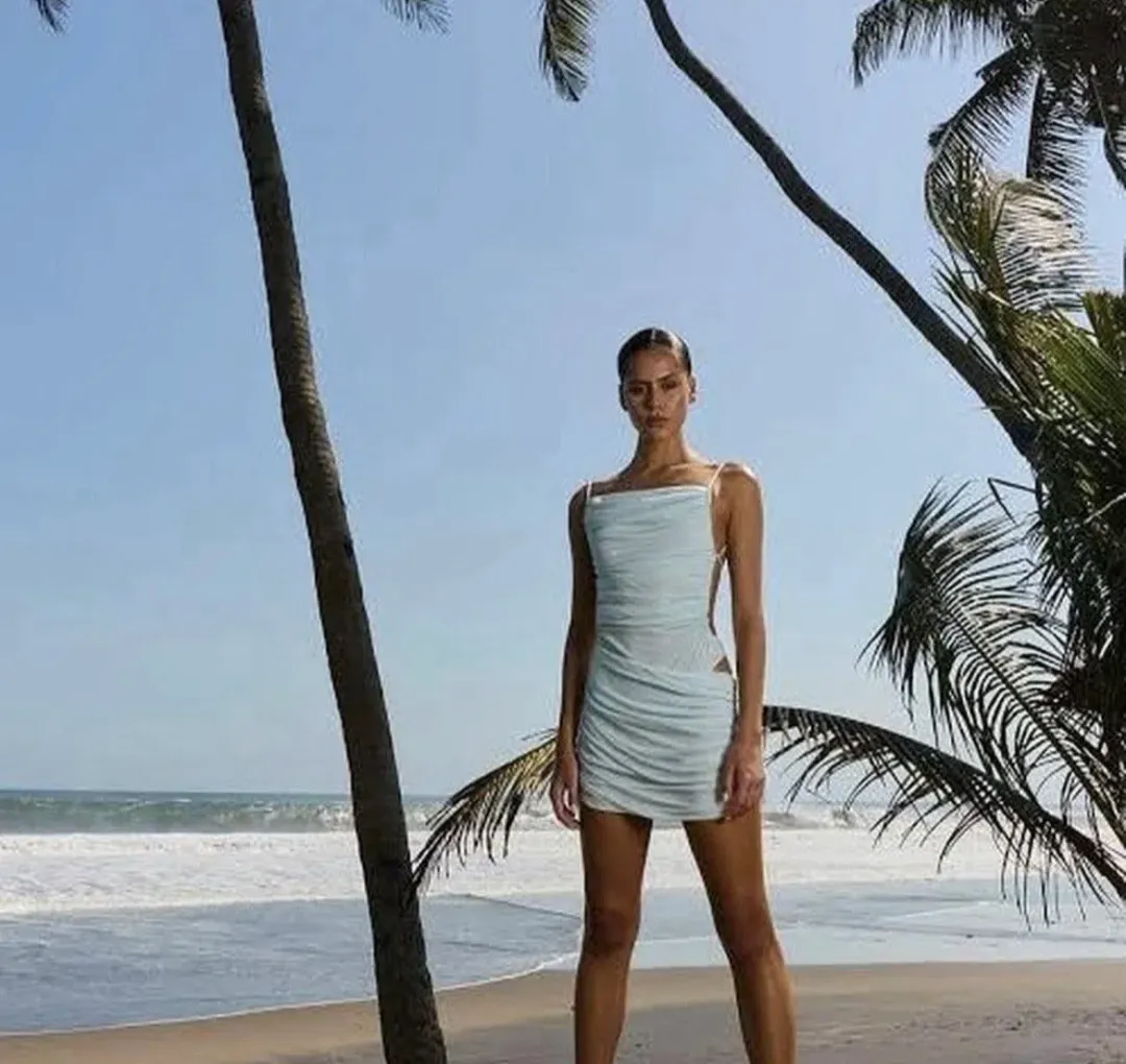 BENNI Tanner Mini Dress In Frost Blue | Size AU 12 for rent on The Volte - main image