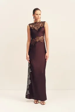 Jamila Lace High Neck Maxi Dress - Espresso for rent on The Volte - image 1