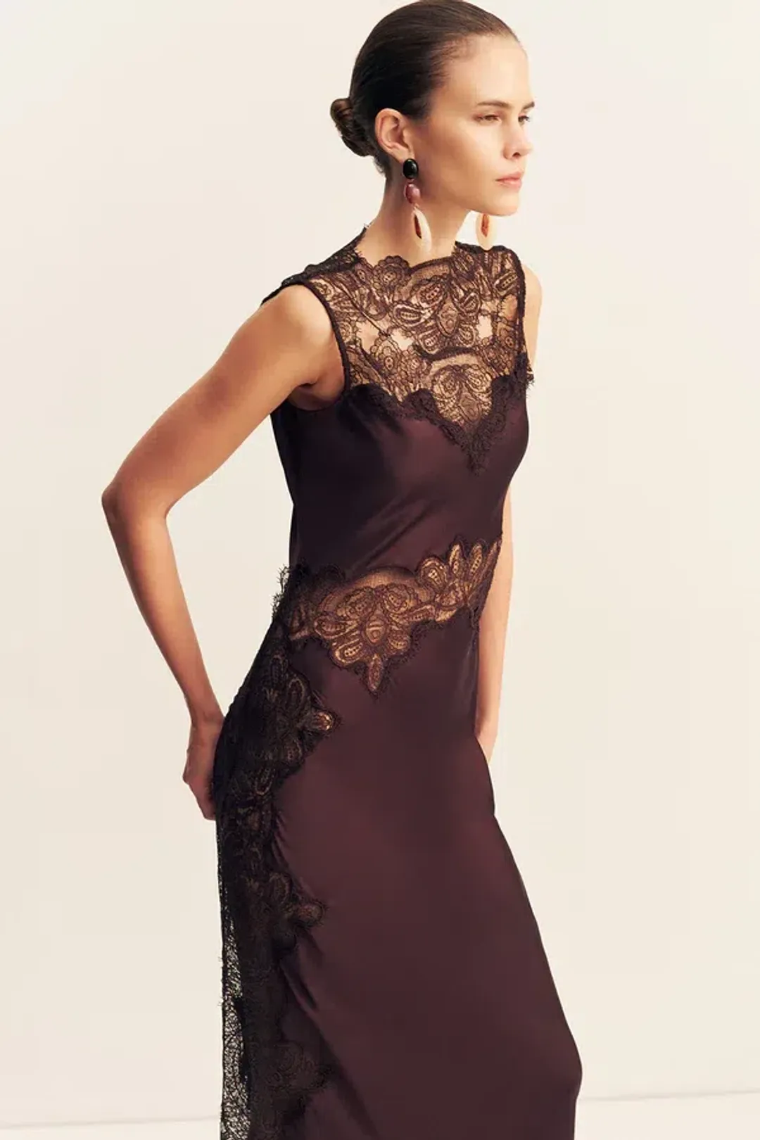 Jamila Lace High Neck Maxi Dress - Espresso for rent on The Volte - main image