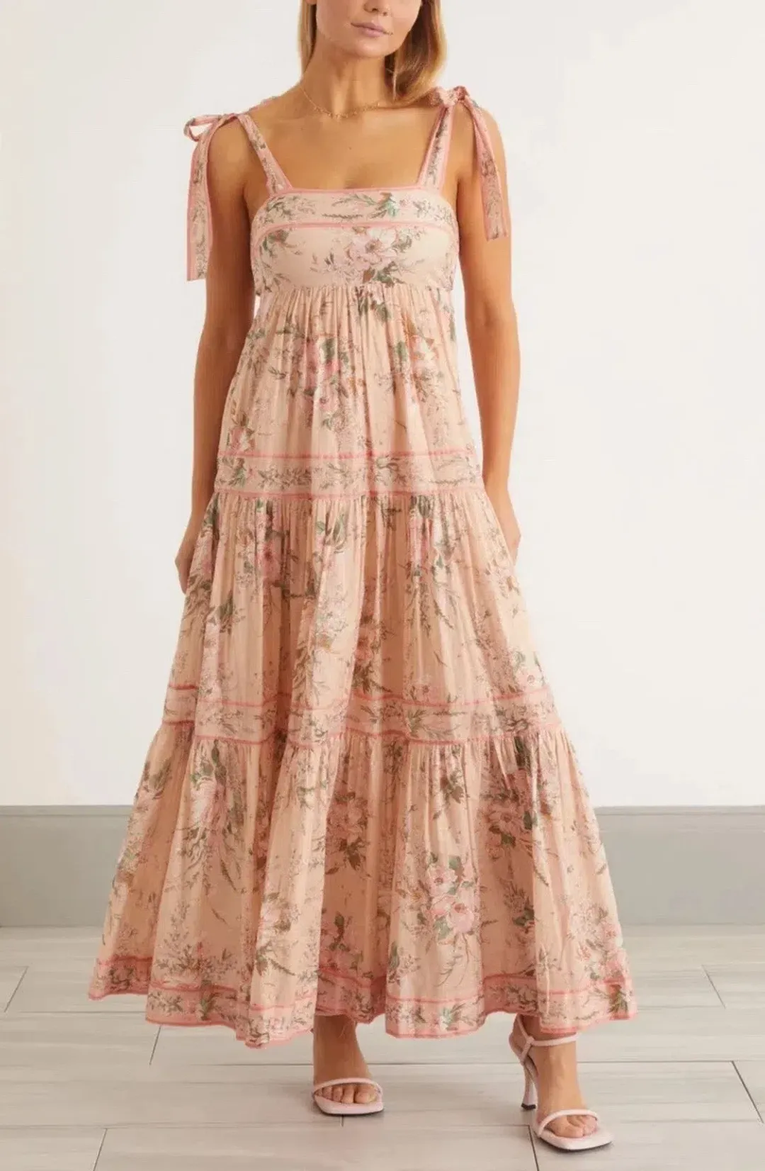  🌸 ZIMMERMAN Moonshine Tie Shoulder Dress – Cream & Pink Floral Maxi – Size 3 / 14 AU 🌸 for rent on The Volte - main image