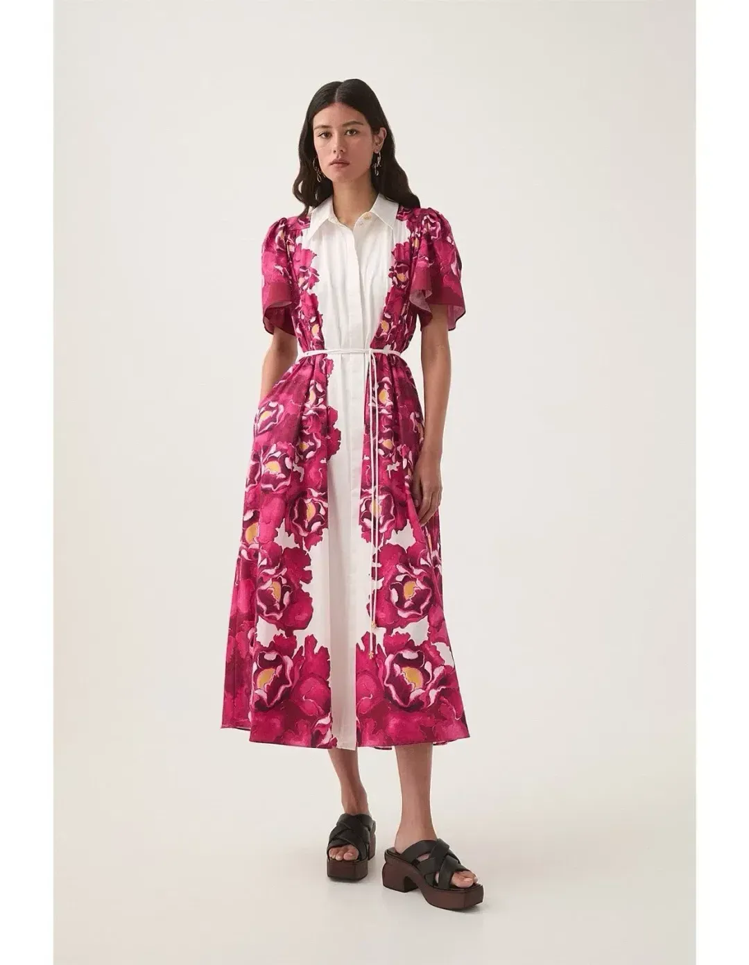 AJE Fernanda Midi Dress in Bold Blooming Pink Floral - Size 6 AU (fits size 8-10 AU)  for rent on The Volte - main image