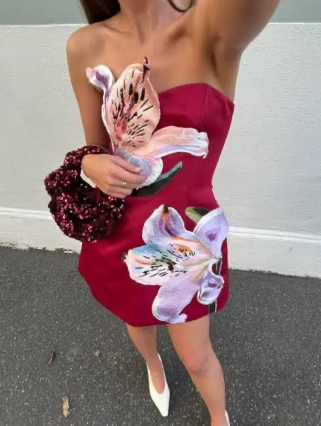 Leo Lin Rosario Appliqué Bustier Mini Dress - Lily Print in Oxblood Size 12 for rent on The Volte - main image