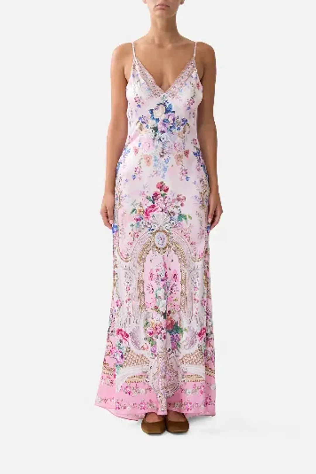 Camilla V-Neck Long Bias Slip Dress With Train  Palatial Pastels size S for rent on The Volte - main image