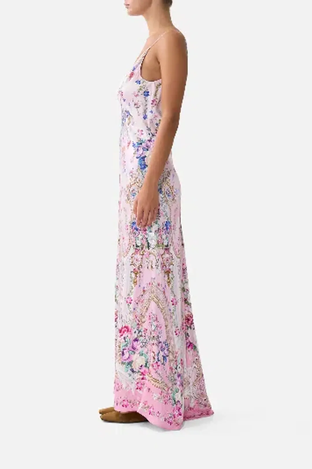 Camilla V-Neck Long Bias Slip Dress With Train  Palatial Pastels size S for rent on The Volte - main image