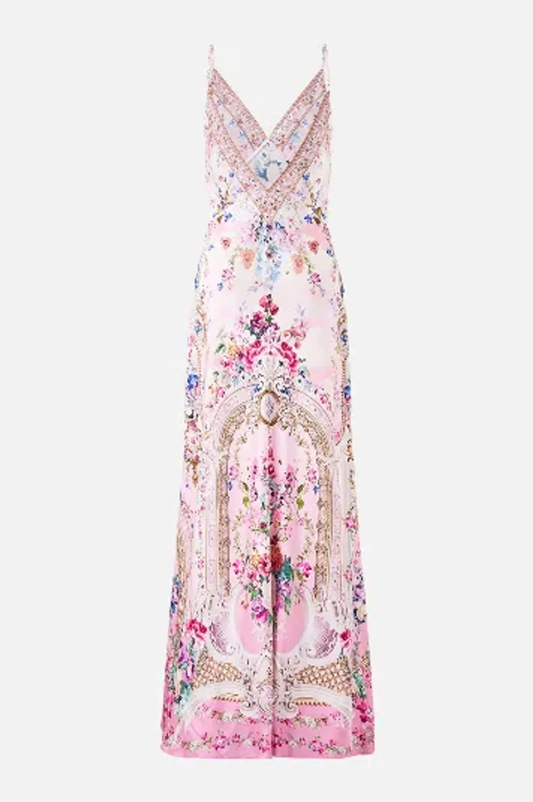 Camilla V-Neck Long Bias Slip Dress With Train  Palatial Pastels size S for rent on The Volte - main image