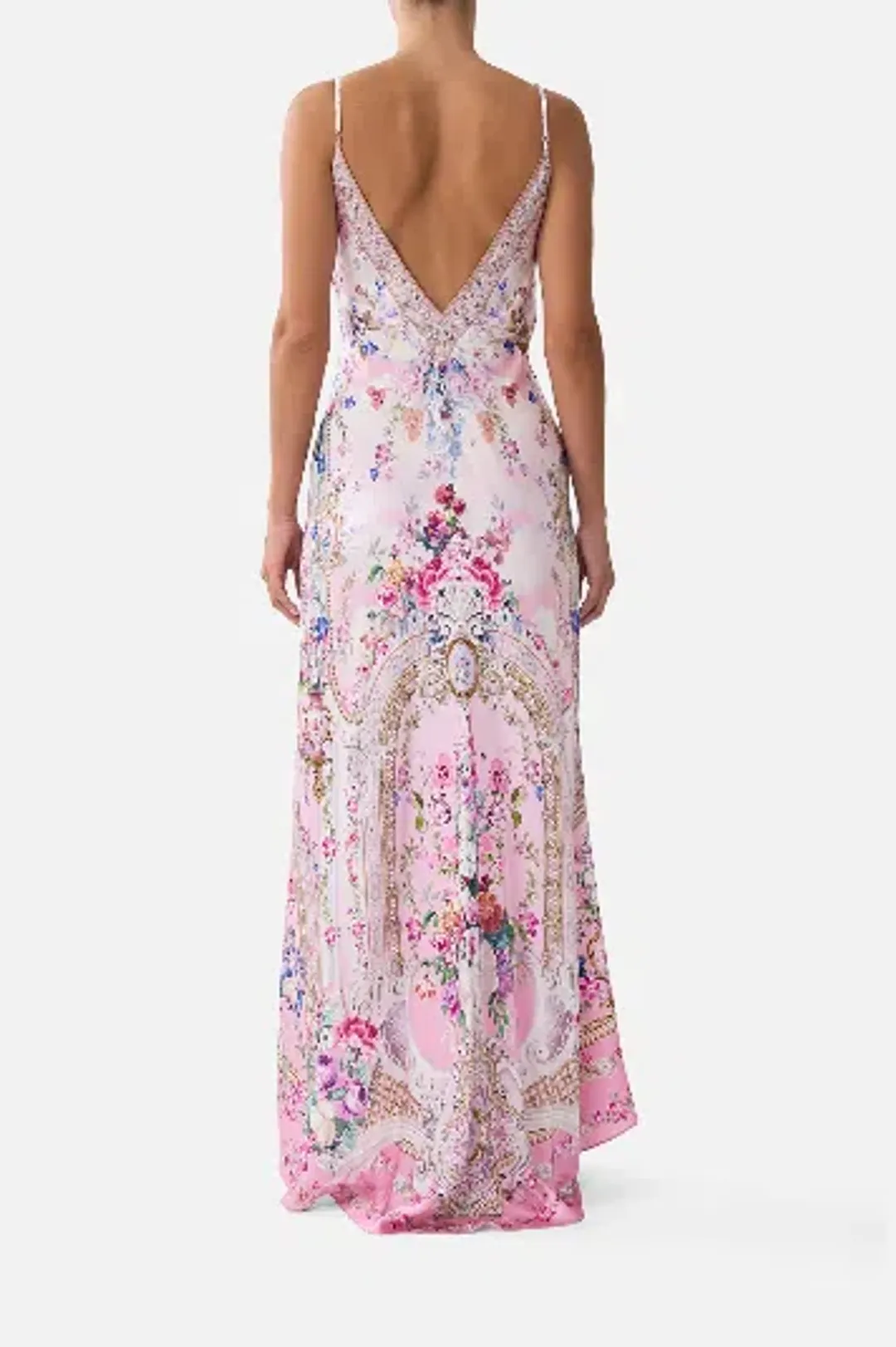 Camilla V-Neck Long Bias Slip Dress With Train  Palatial Pastels size S for rent on The Volte - main image