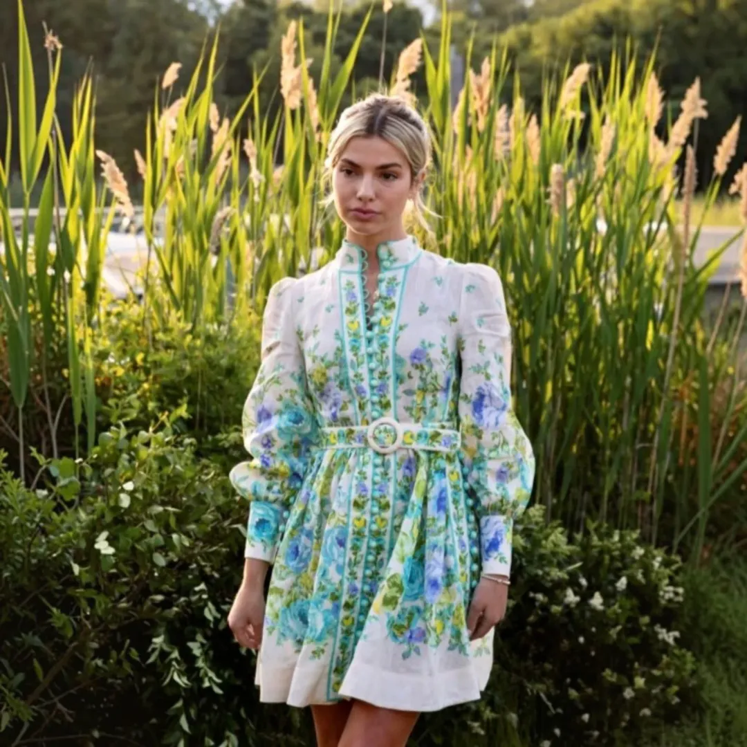 Zimmermann Raie Buttoned Mini Dress Teal/Blue Floral Size 4 for rent on The Volte - main image