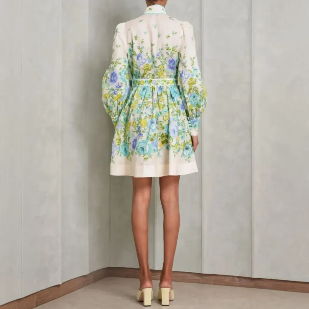 Zimmermann Raie Buttoned Mini Dress Teal/Blue Floral Size 4 for rent on The Volte - main image