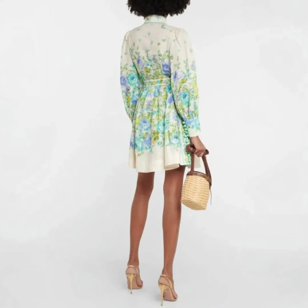 Zimmermann Raie Buttoned Mini Dress Teal/Blue Floral Size 4 for rent on The Volte - main image