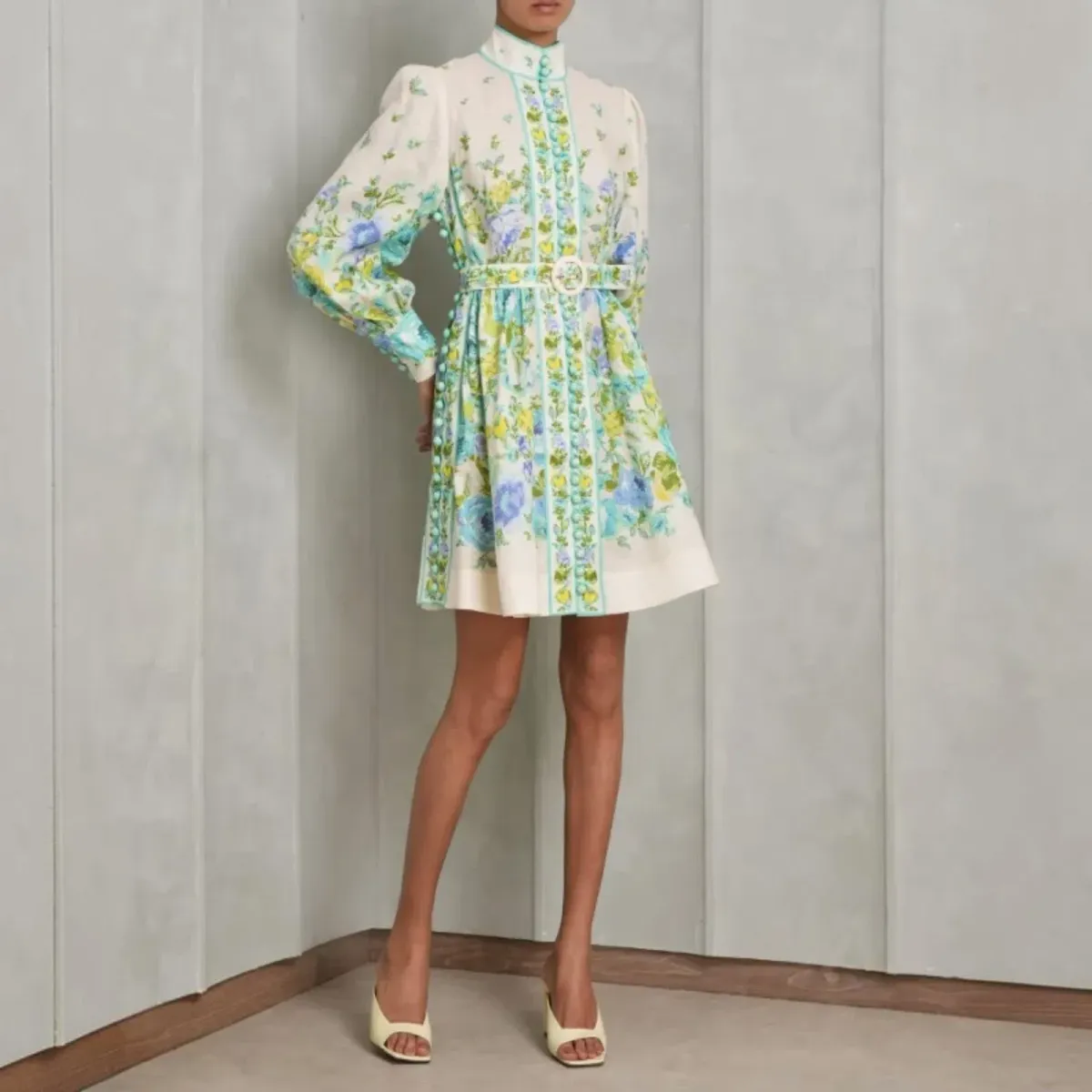 Zimmermann Raie Buttoned Mini Dress Teal/Blue Floral Size 4 for rent on The Volte - main image