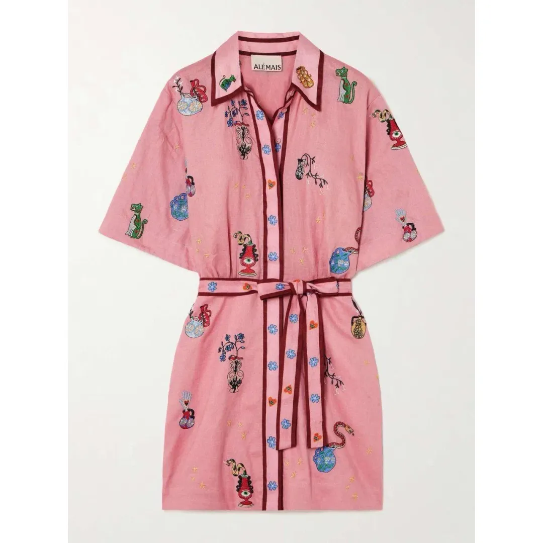 Alemais Timmy Pink Linen Embroidered Mini Shirt Dress Size 16 for rent on The Volte - main image