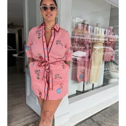 Alemais Timmy Pink Linen Embroidered Mini Shirt Dress Size 16 for rent on The Volte - image 1