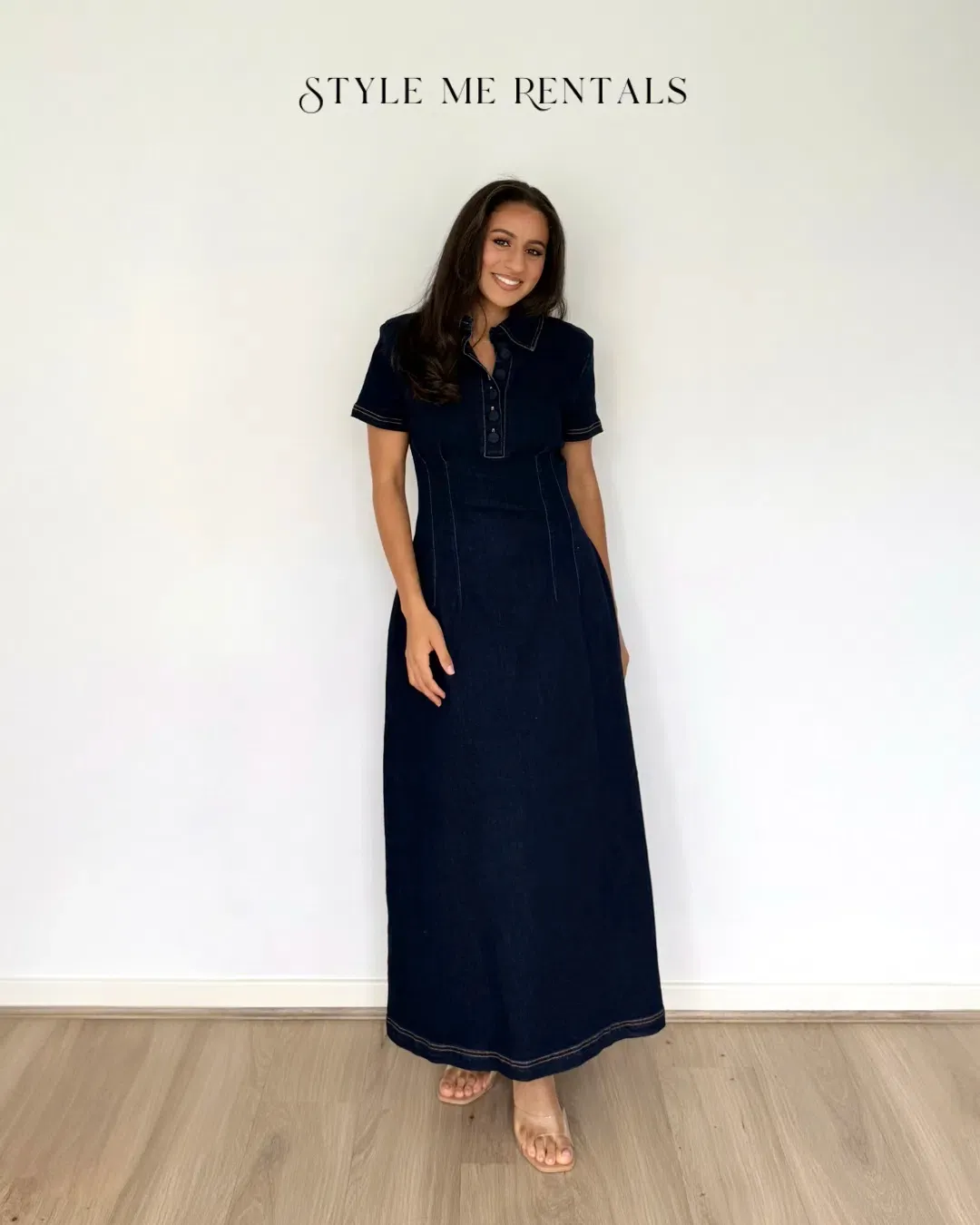 Odd Muse Denim Collared Midi Dress Dark Denim Size L for rent on The Volte - main image